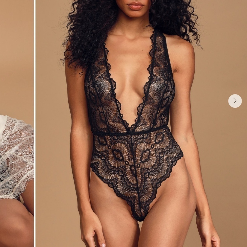 Lulu's Black Sheer Lace Plunge Bodysuit
